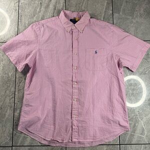 Polo Ralph Lauren Mens Pink Stripe Short Sleeve RL Untucked Fit Shirt Wrinkle XL
